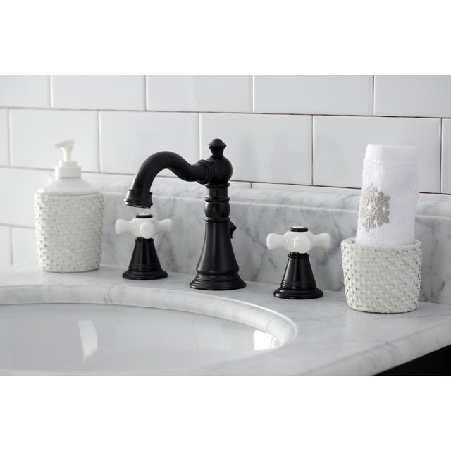 American Classic FSC1970APX Two-Handle 3-Hole Deck Mount Widespread Bathroom Faucet with Brass Pop-Up, Matte Black