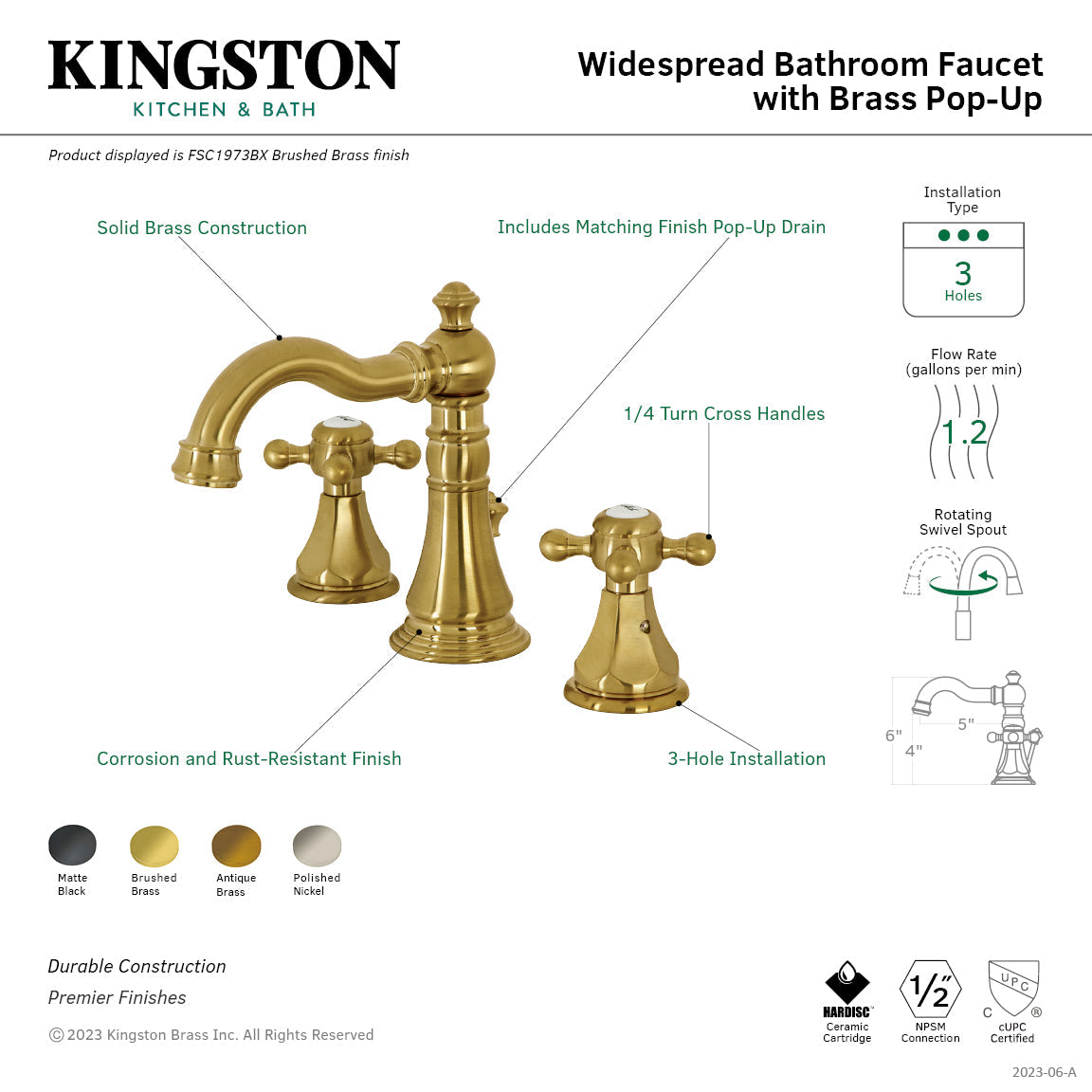 Metropolitan FSC1970BX Two-Handle 3-Hole Deck Mount Widespread Bathroom Faucet with Brass Pop-Up, Matte Black