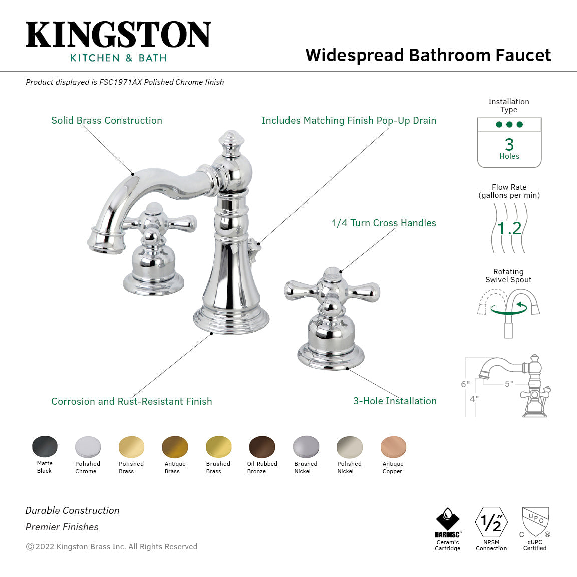 American Classic FSC1971AX Two-Handle 3-Hole Deck Mount Widespread Bathroom Faucet with Pop-Up Drain, Polished Chrome