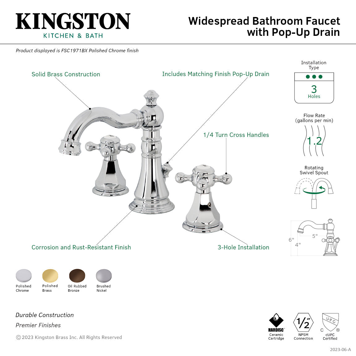 Metropolitan FSC1971BX Two-Handle 3-Hole Deck Mount Widespread Bathroom Faucet with Pop-Up Drain, Polished Chrome