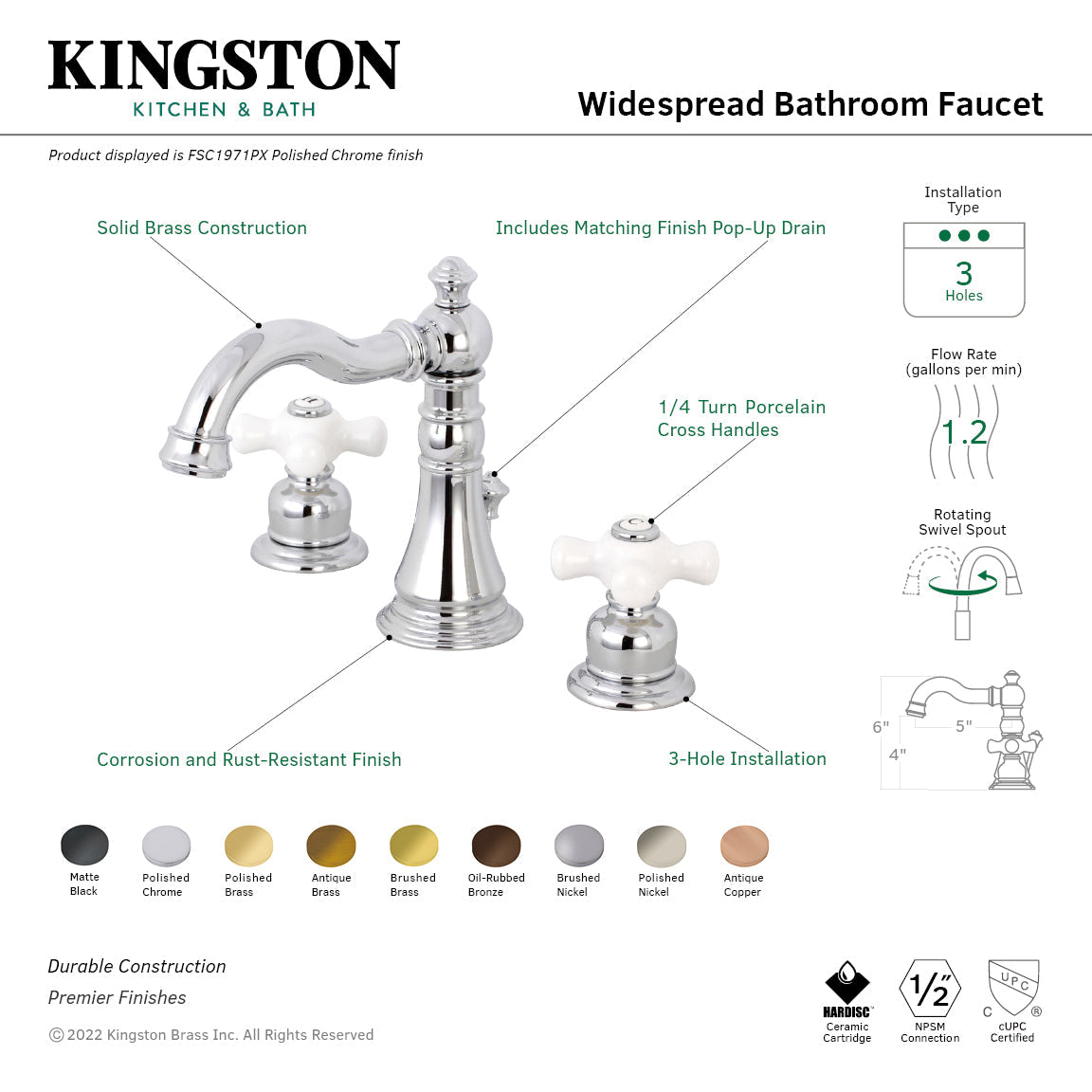 American Classic FSC1971PX Two-Handle 3-Hole Deck Mount Widespread Bathroom Faucet with Pop-Up Drain, Polished Chrome