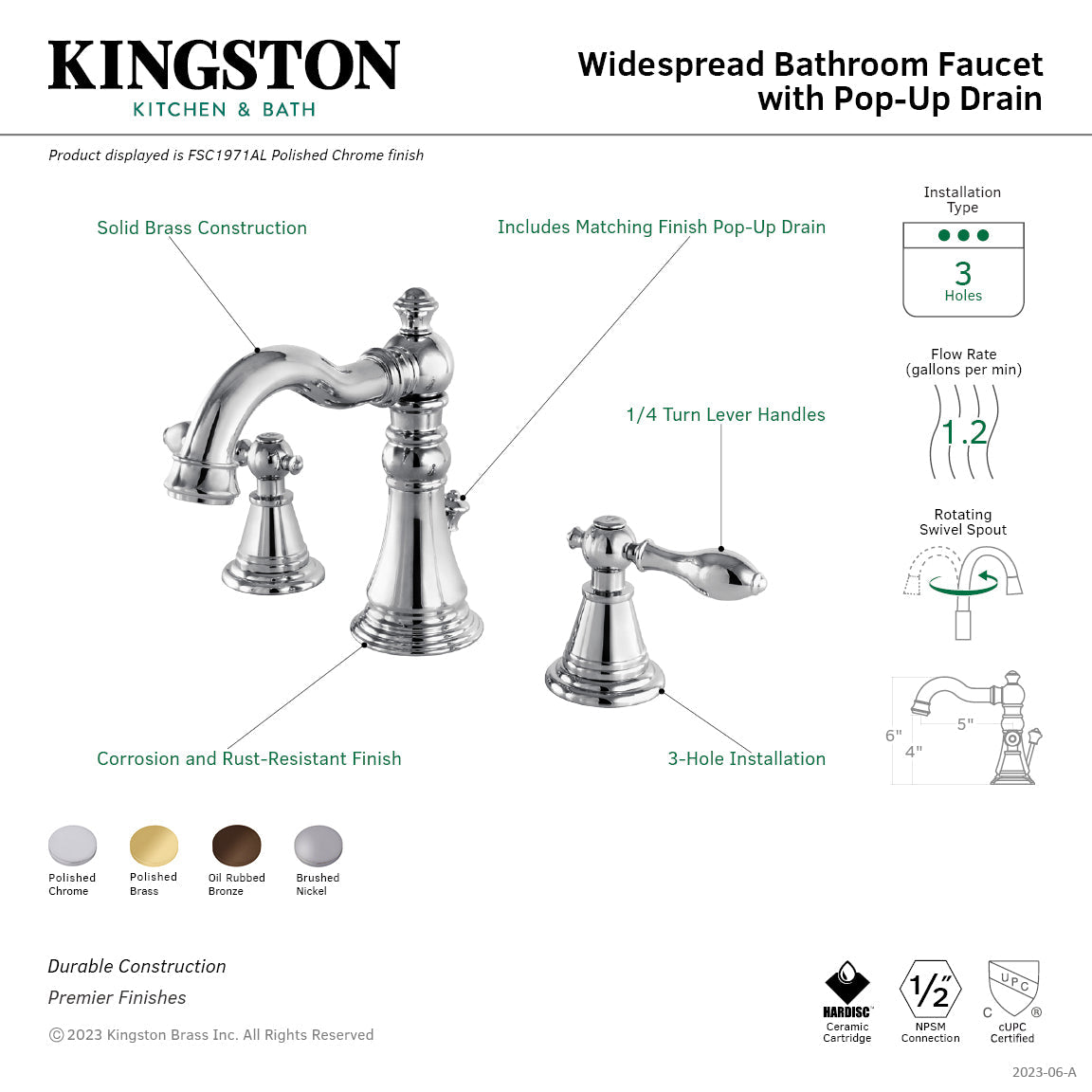 English Classic FSC1972AL Two-Handle 3-Hole Deck Mount Widespread Bathroom Faucet with Pop-Up Drain, Polished Brass