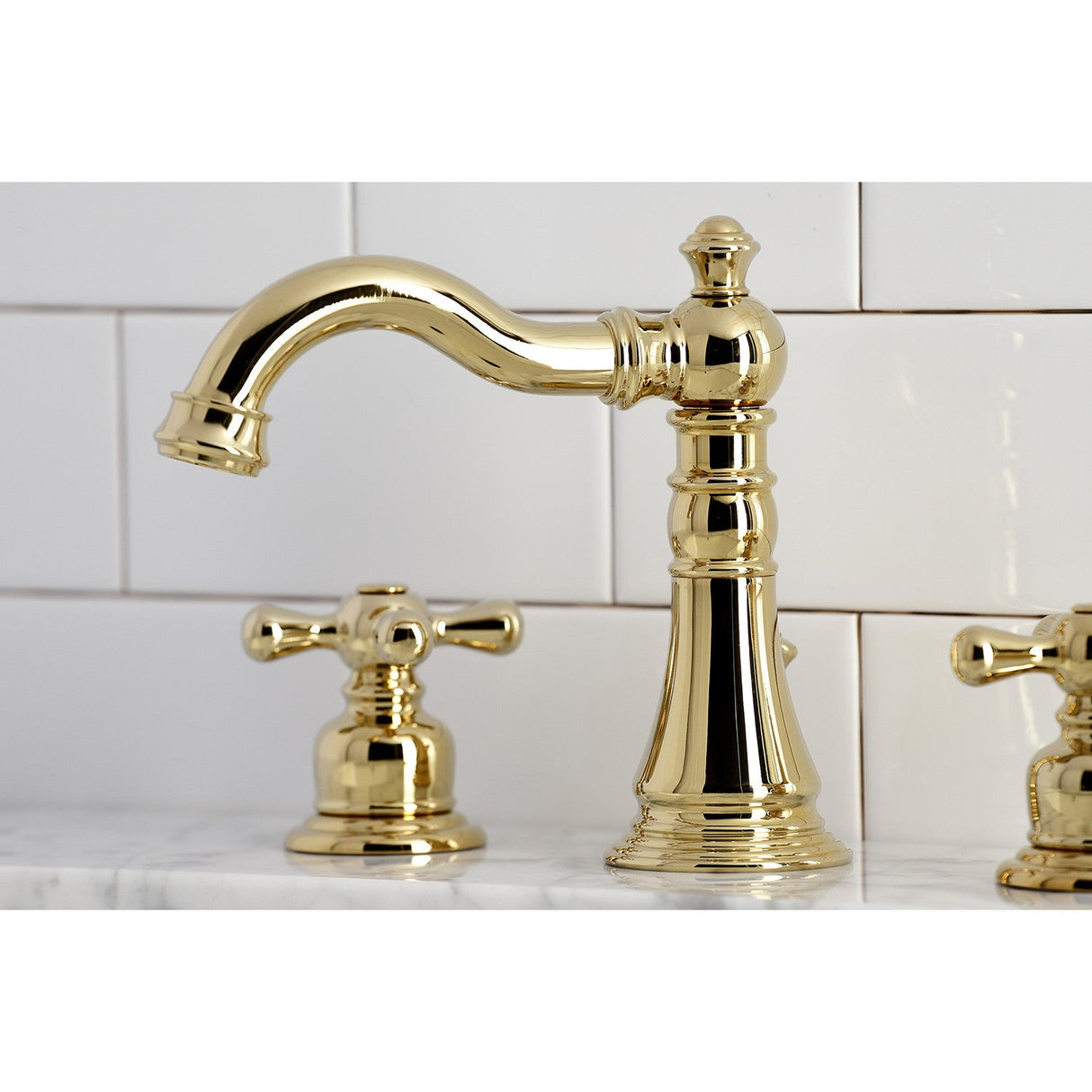 American Classic FSC1972AX Two-Handle 3-Hole Deck Mount Widespread Bathroom Faucet with Pop-Up Drain, Polished Brass