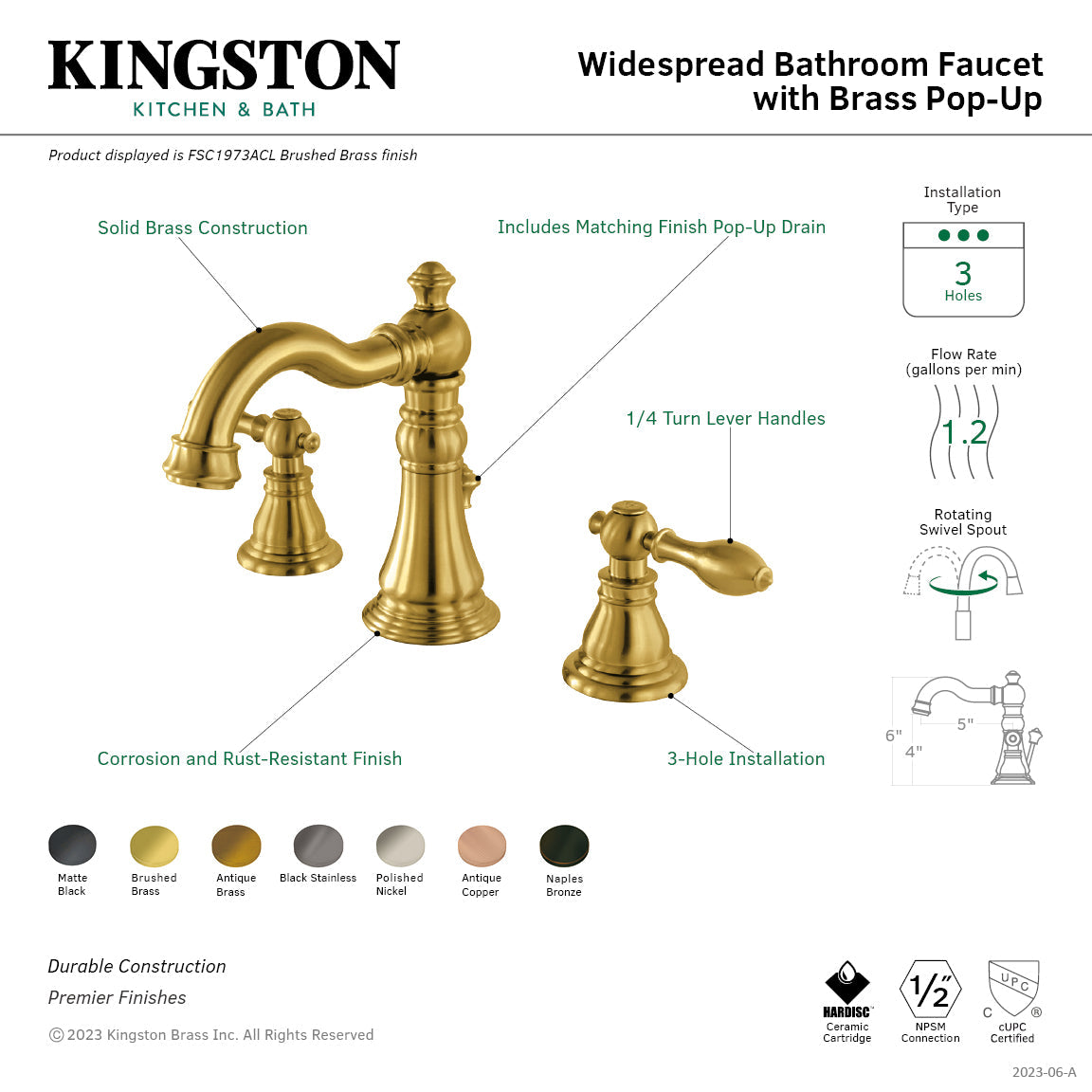 American Classic FSC19733ACL Two-Handle 3-Hole Deck Mount Widespread Bathroom Faucet with Brass Pop-Up, Antique Brass