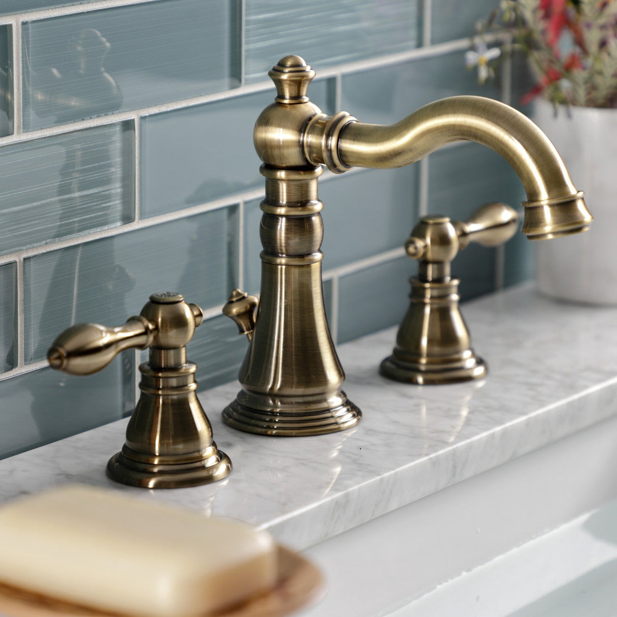 American Classic FSC19733ACL Two-Handle 3-Hole Deck Mount Widespread Bathroom Faucet with Brass Pop-Up, Antique Brass