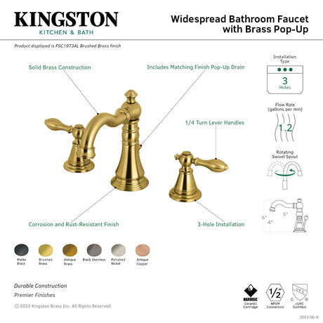 English Classic FSC19733AL Two-Handle 3-Hole Deck Mount Widespread Bathroom Faucet with Brass Pop-Up, Antique Brass