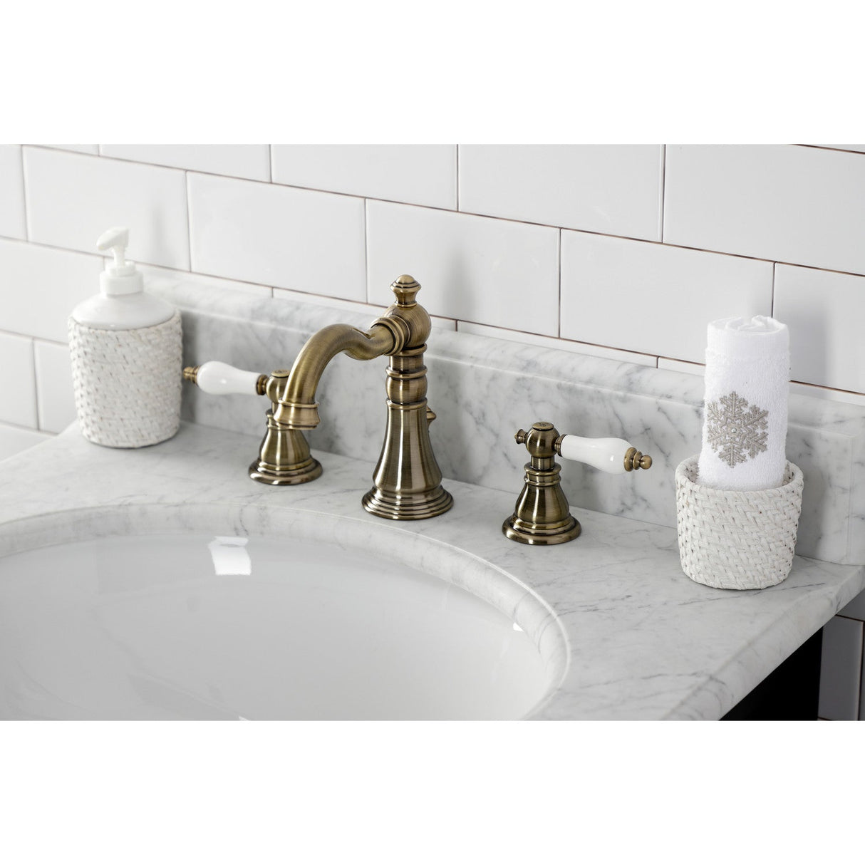 American Patriot FSC19733APL Two-Handle 3-Hole Deck Mount Widespread Bathroom Faucet with Brass Pop-Up, Antique Brass