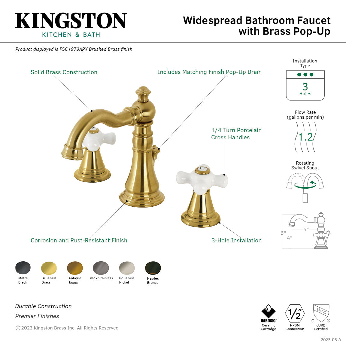 American Classic FSC1973APX Two-Handle 3-Hole Deck Mount Widespread Bathroom Faucet with Brass Pop-Up, Brushed Brass