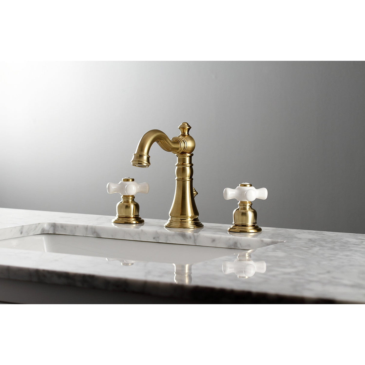 American Classic FSC1973PX Two-Handle 3-Hole Deck Mount Widespread Bathroom Faucet with Brass Pop-Up, Brushed Brass