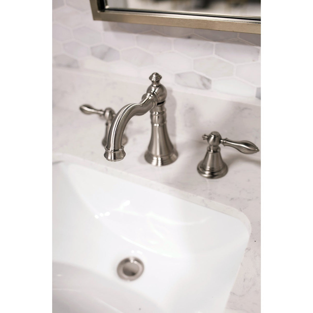 English Classic FSC1978AL Two-Handle 3-Hole Deck Mount Widespread Bathroom Faucet with Pop-Up Drain, Brushed Nickel