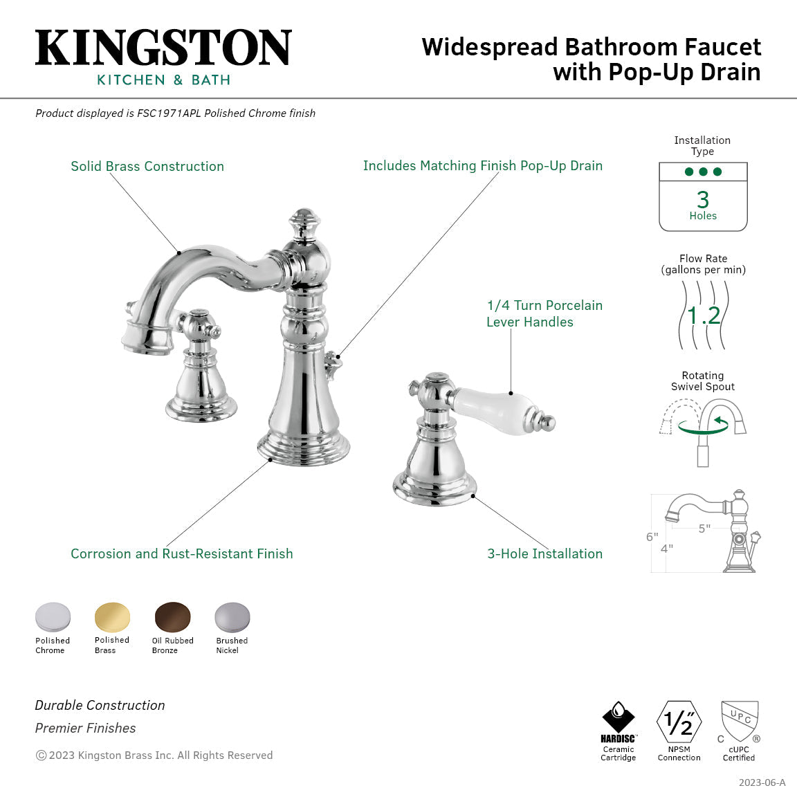 American Patriot FSC1978APL Two-Handle 3-Hole Deck Mount Widespread Bathroom Faucet with Pop-Up Drain, Brushed Nickel