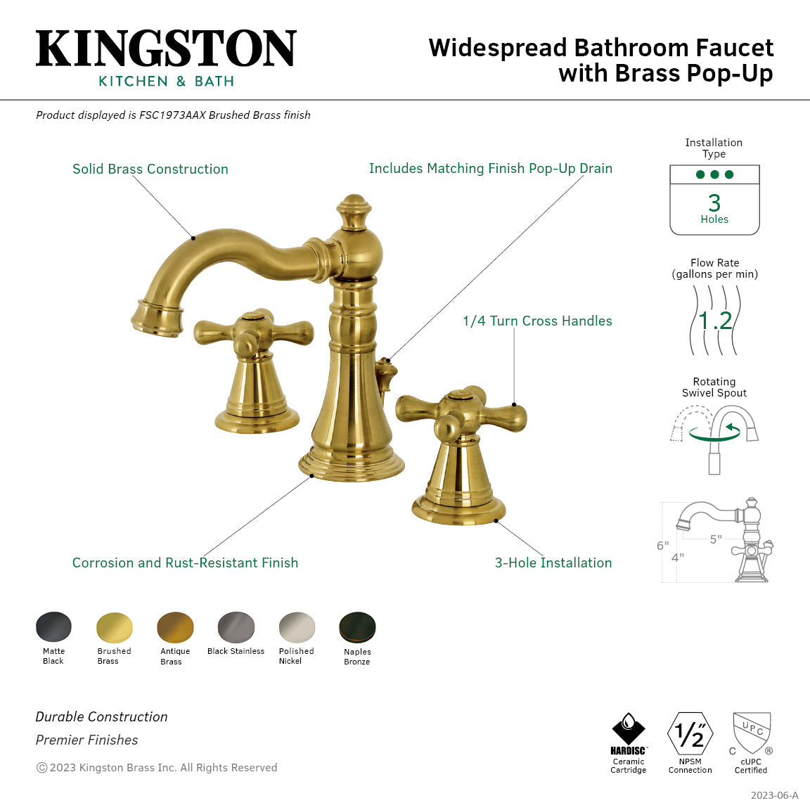 American Classic FSC1979AAX Two-Handle 3-Hole Deck Mount Widespread Bathroom Faucet with Brass Pop-Up, Polished Nickel