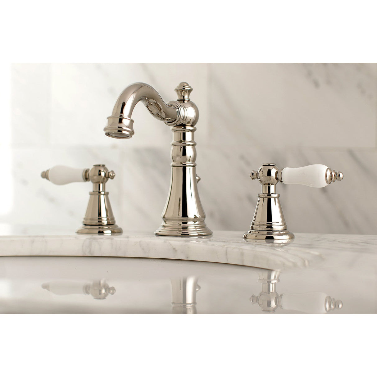 English Classic FSC1979PL Two-Handle 3-Hole Deck Mount Widespread Bathroom Faucet with Brass Pop-Up, Polished Nickel