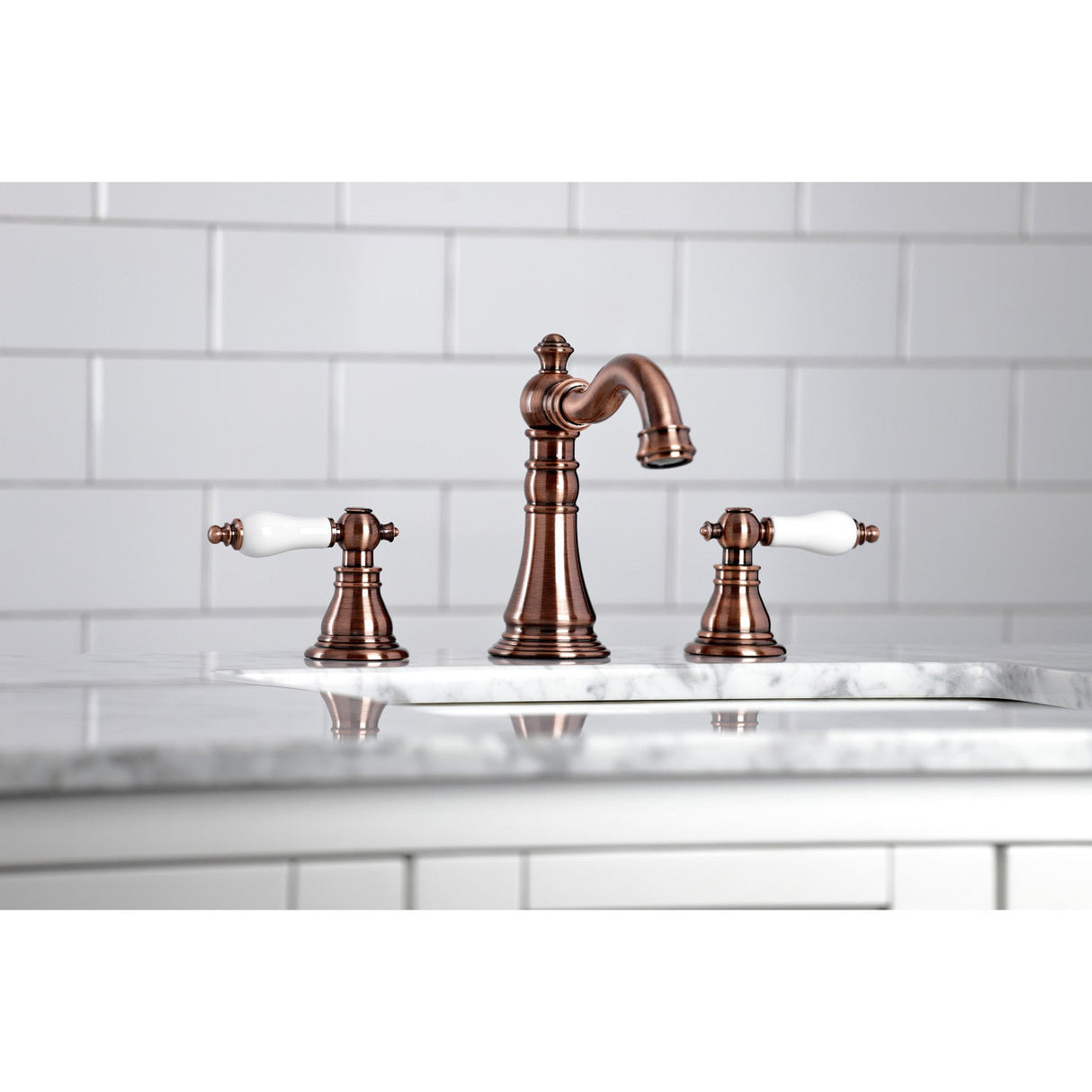 American Patriot FSC197APLAC Two-Handle 3-Hole Deck Mount Widespread Bathroom Faucet with Brass Pop-Up, Antique Copper