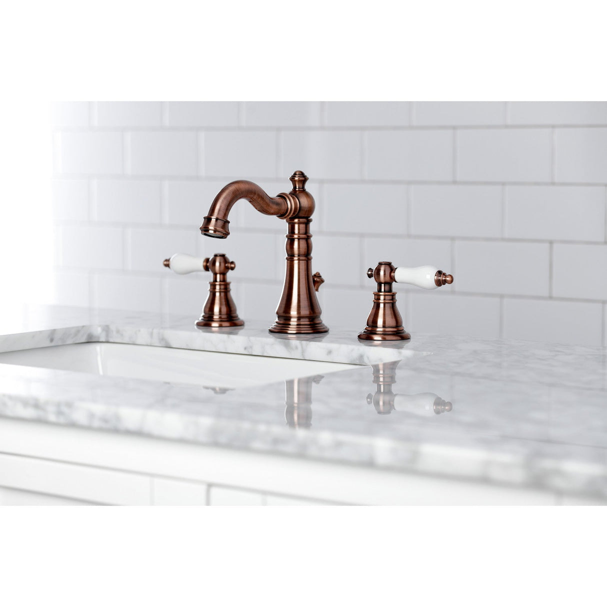 American Patriot FSC197APLAC Two-Handle 3-Hole Deck Mount Widespread Bathroom Faucet with Brass Pop-Up, Antique Copper