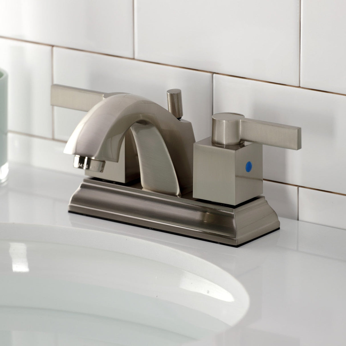 Meridian FSC4648NQL Two-Handle 3-Hole Deck Mount 4" Centerset Bathroom Faucet with Pop-Up Drain, Brushed Nickel