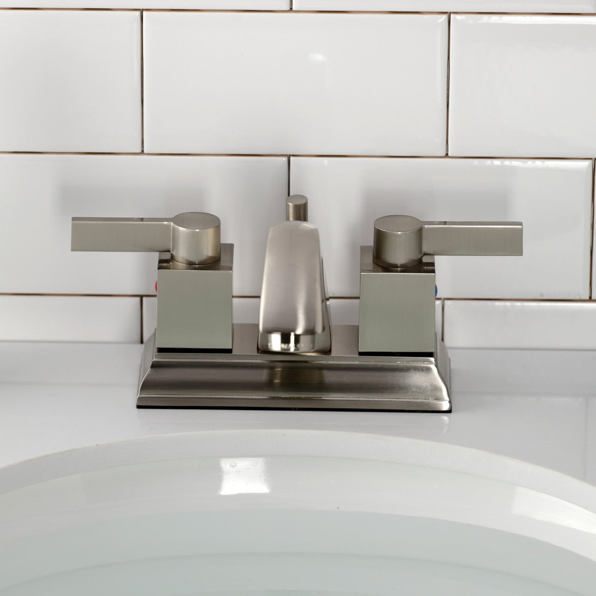 Meridian FSC4648NQL Two-Handle 3-Hole Deck Mount 4" Centerset Bathroom Faucet with Pop-Up Drain, Brushed Nickel