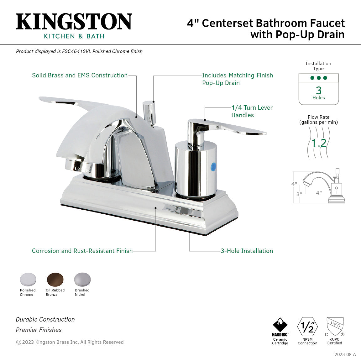 Serena FSC4648SVL Two-Handle 3-Hole Deck Mount 4" Centerset Bathroom Faucet with Pop-Up Drain, Brushed Nickel