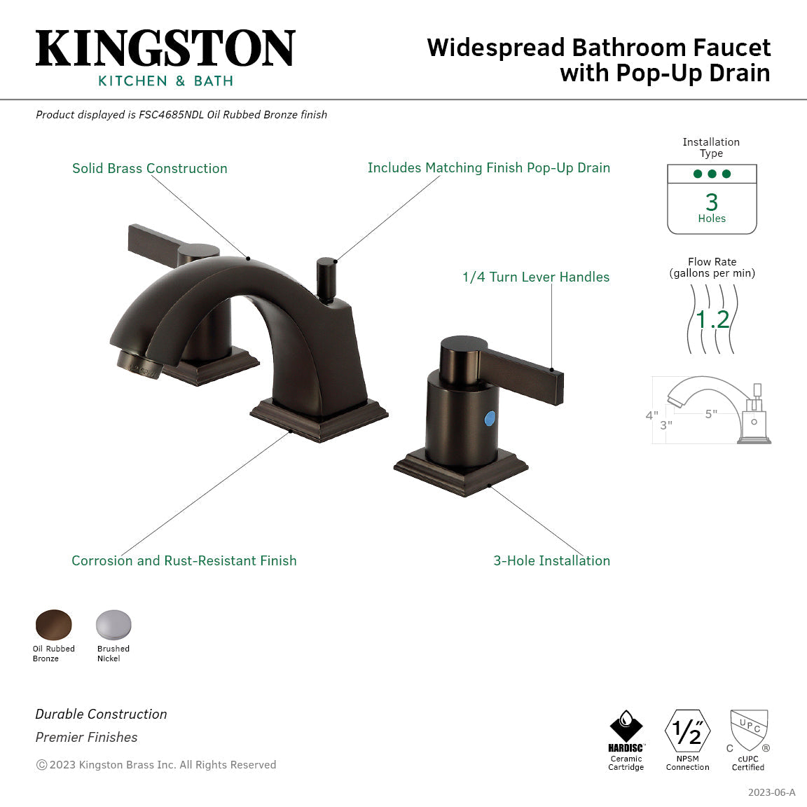 NuvoFusion FSC4685NDL Two-Handle 3-Hole Deck Mount Widespread Bathroom Faucet with Pop-Up Drain, Oil Rubbed Bronze