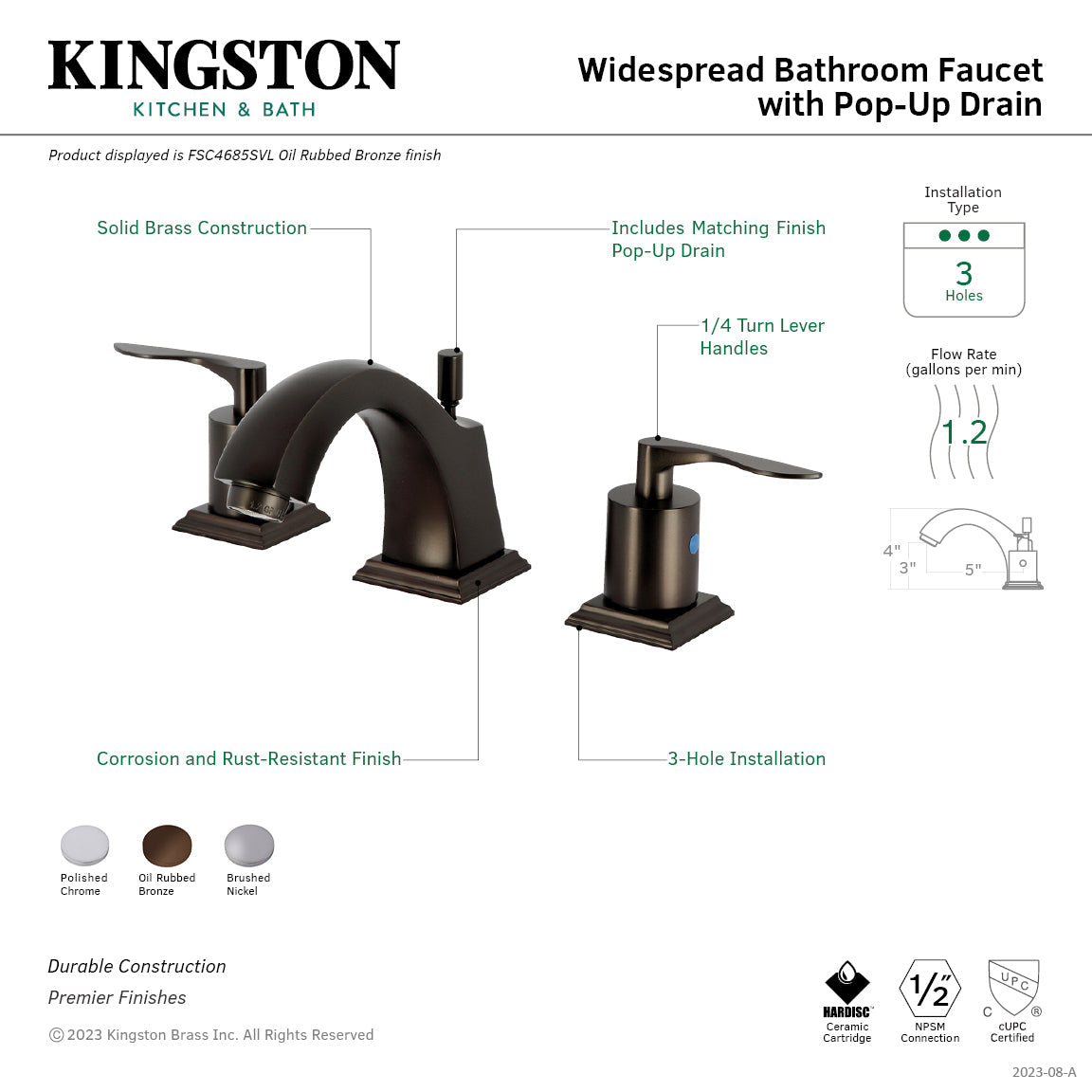 Serena FSC4685SVL Two-Handle 3-Hole Deck Mount Widespread Bathroom Faucet with Pop-Up Drain, Oil Rubbed Bronze