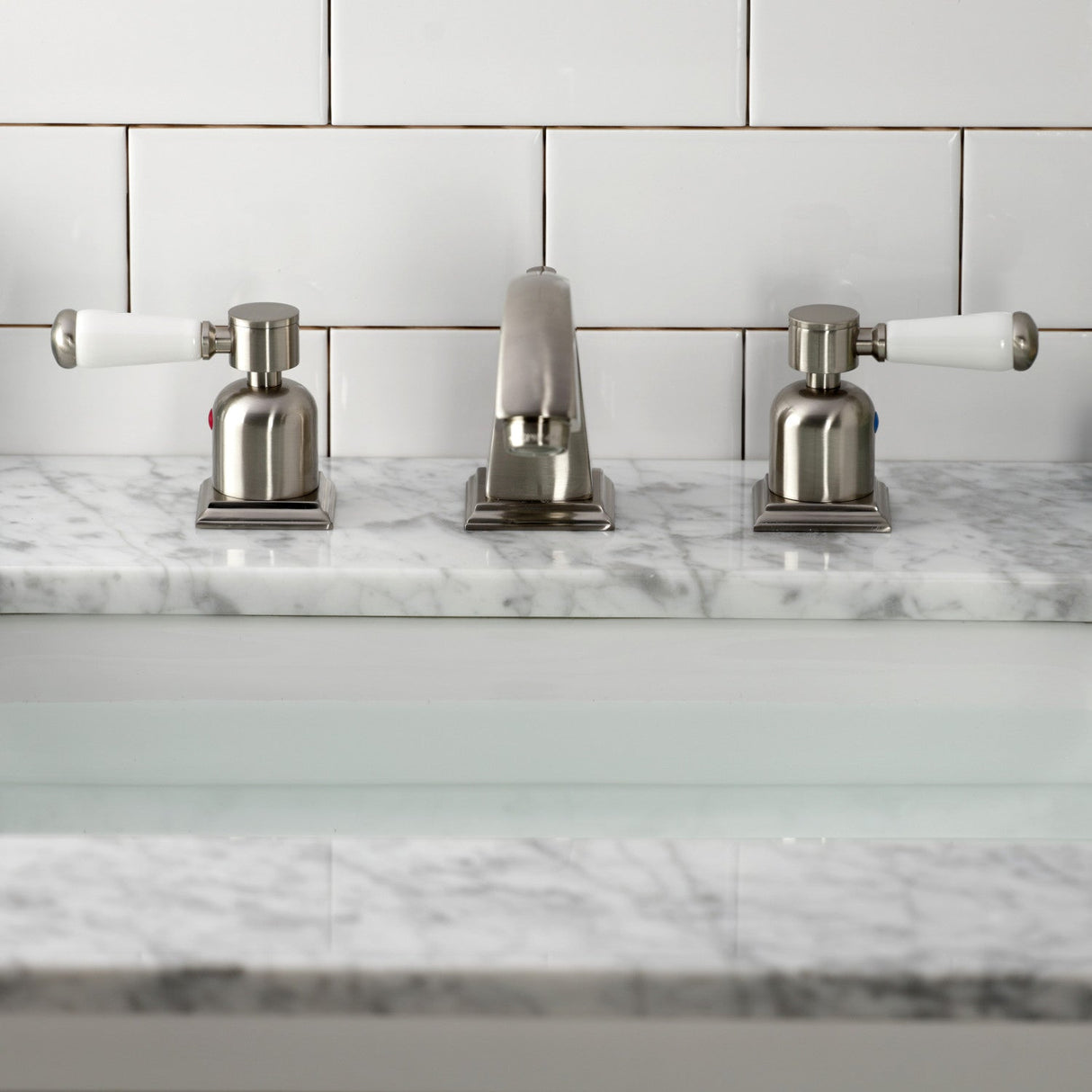 Paris FSC4688DPL Two-Handle 3-Hole Deck Mount Widespread Bathroom Faucet with Pop-Up Drain, Brushed Nickel