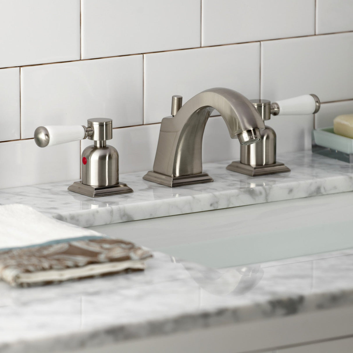 Paris FSC4688DPL Two-Handle 3-Hole Deck Mount Widespread Bathroom Faucet with Pop-Up Drain, Brushed Nickel