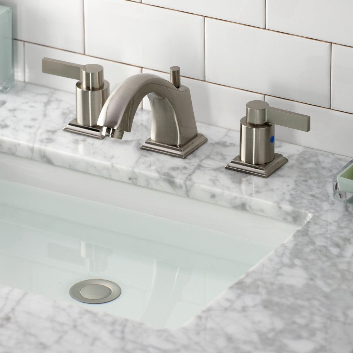 NuvoFusion FSC4688NDL Two-Handle 3-Hole Deck Mount Widespread Bathroom Faucet with Pop-Up Drain, Brushed Nickel