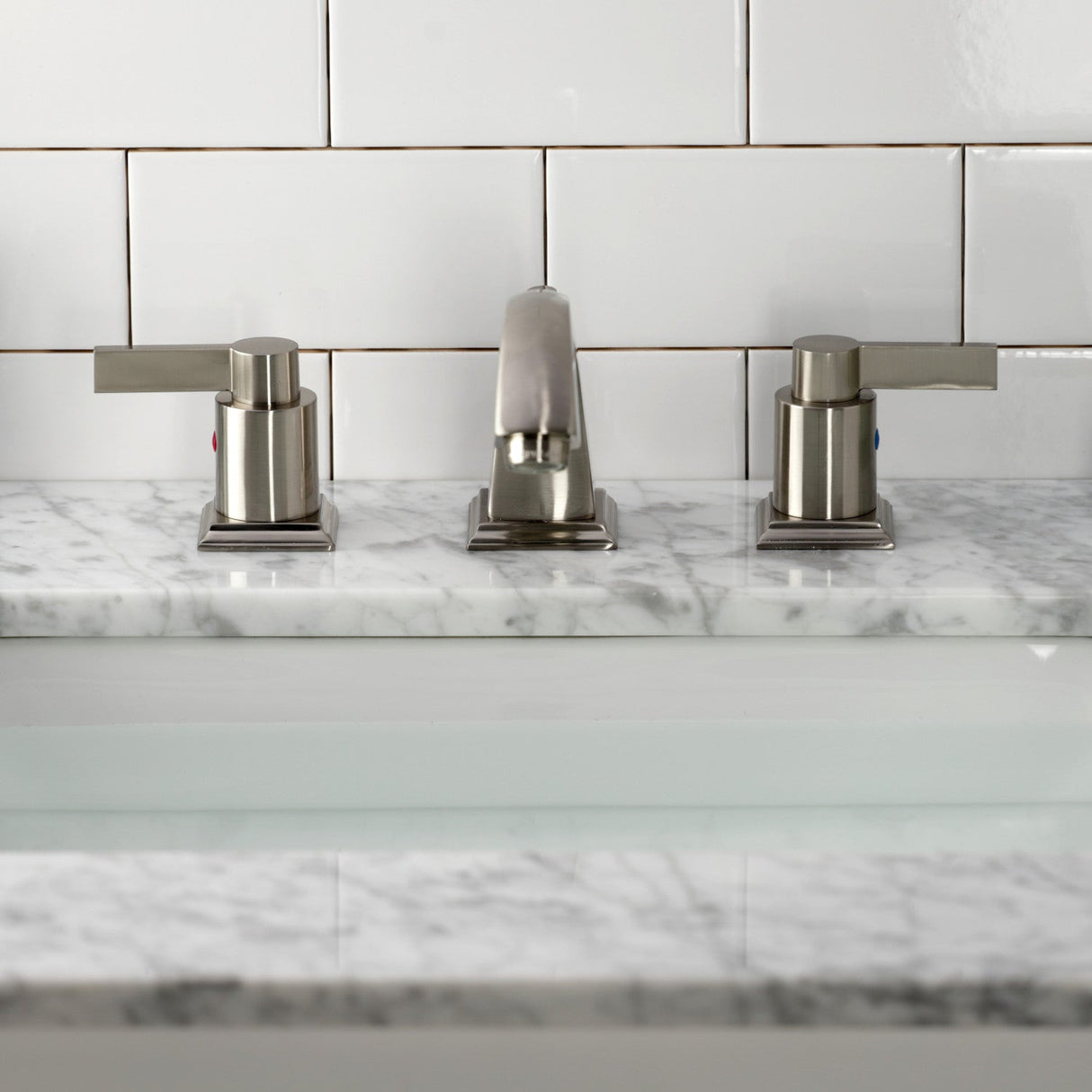 NuvoFusion FSC4688NDL Two-Handle 3-Hole Deck Mount Widespread Bathroom Faucet with Pop-Up Drain, Brushed Nickel