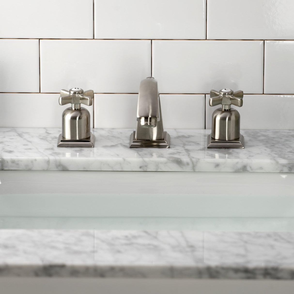 Millennium FSC4688ZX Two-Handle 3-Hole Deck Mount Widespread Bathroom Faucet with Pop-Up Drain, Brushed Nickel