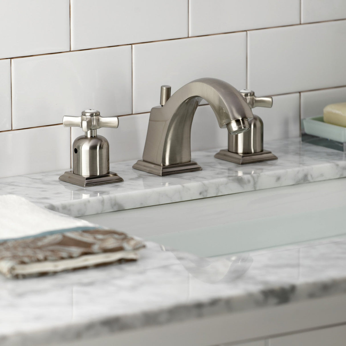 Millennium FSC4688ZX Two-Handle 3-Hole Deck Mount Widespread Bathroom Faucet with Pop-Up Drain, Brushed Nickel