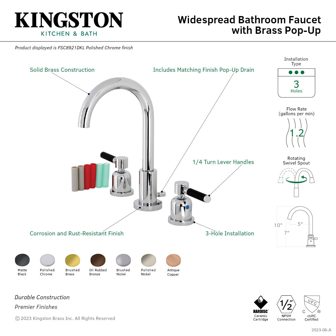 Kaiser FSC8920DKL Two-Handle 3-Hole Deck Mount Widespread Bathroom Faucet with Pop-Up Drain, Matte Black