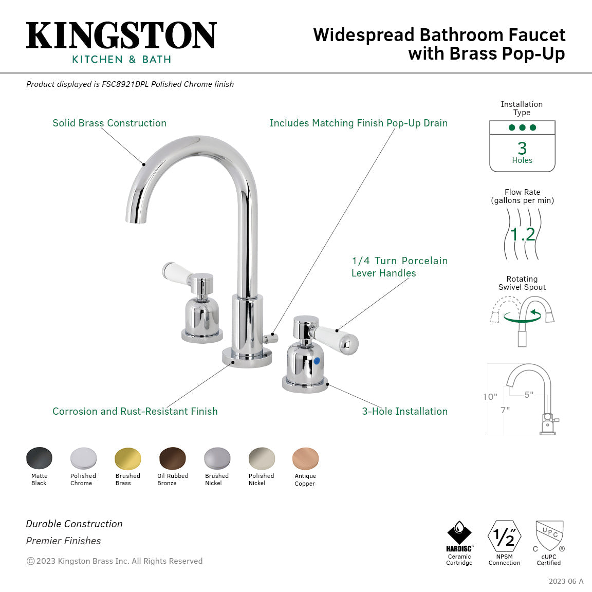 Paris FSC8920DPL Two-Handle 3-Hole Deck Mount Widespread Bathroom Faucet with Pop-Up Drain, Matte Black