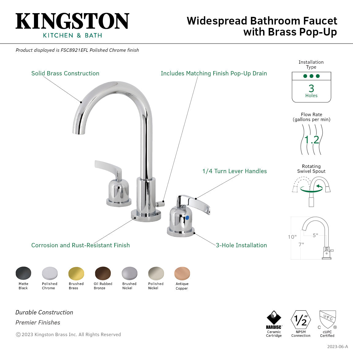 Centurion FSC8920EFL Two-Handle 3-Hole Deck Mount Widespread Bathroom Faucet with Pop-Up Drain, Matte Black