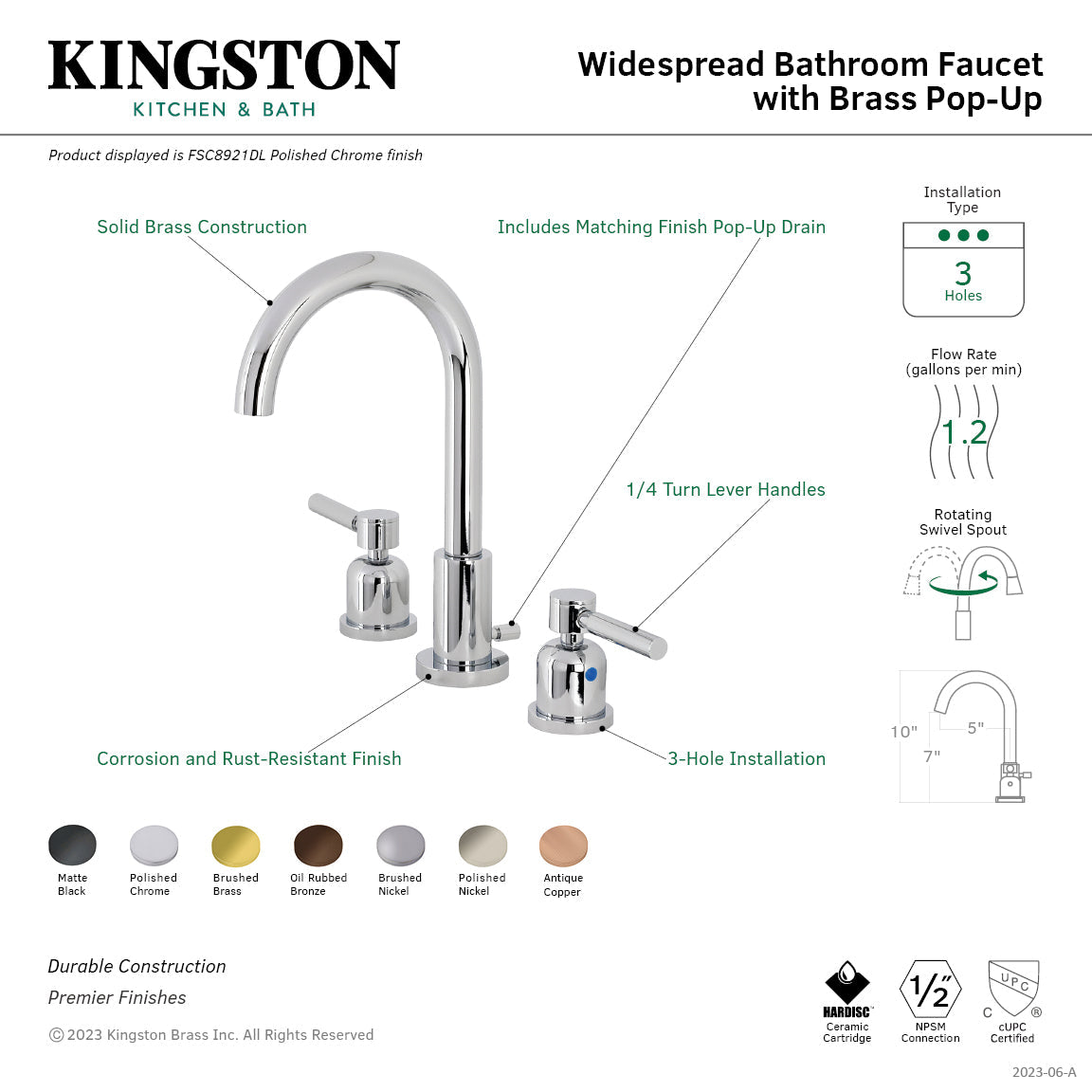 Concord FSC8925DL Two-Handle 3-Hole Deck Mount Widespread Bathroom Faucet with Pop-Up Drain, Oil Rubbed Bronze