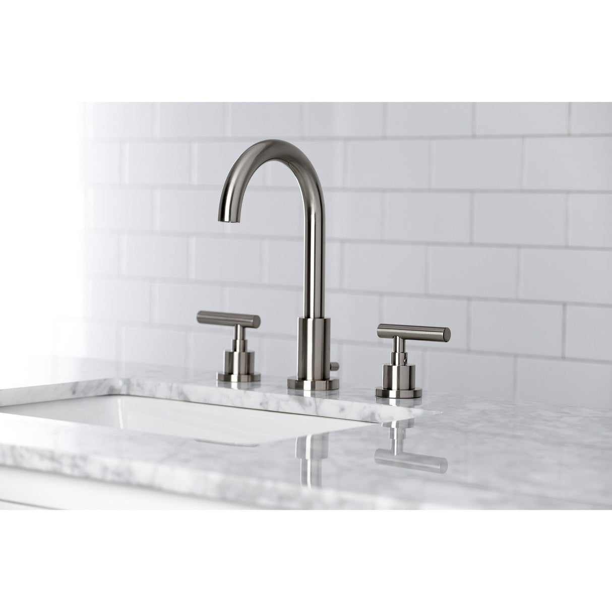 Manhattan FSC8928CML Two-Handle 3-Hole Deck Mount Widespread Bathroom Faucet with Pop-Up Drain, Brushed Nickel