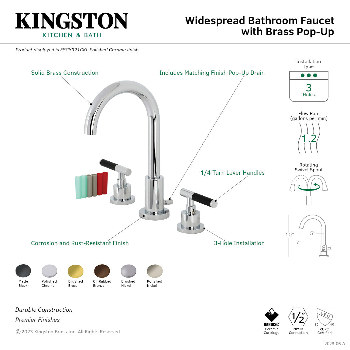 Kaiser FSC8929CKL Two-Handle 3-Hole Deck Mount Widespread Bathroom Faucet with Pop-Up Drain, Polished Nickel