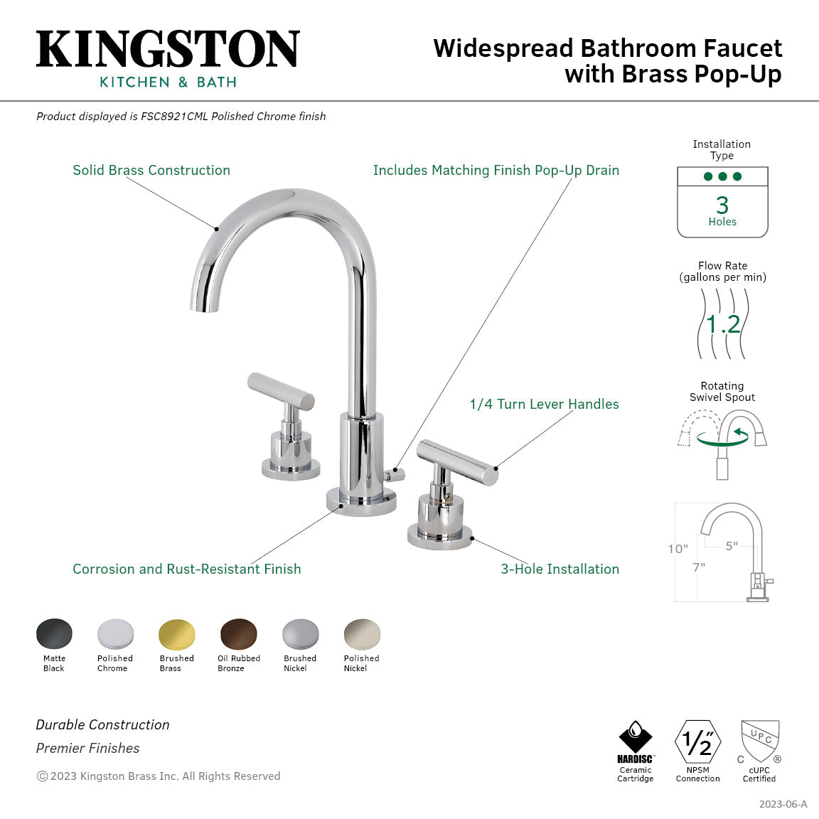 Manhattan FSC8929CML Two-Handle 3-Hole Deck Mount Widespread Bathroom Faucet with Pop-Up Drain, Polished Nickel