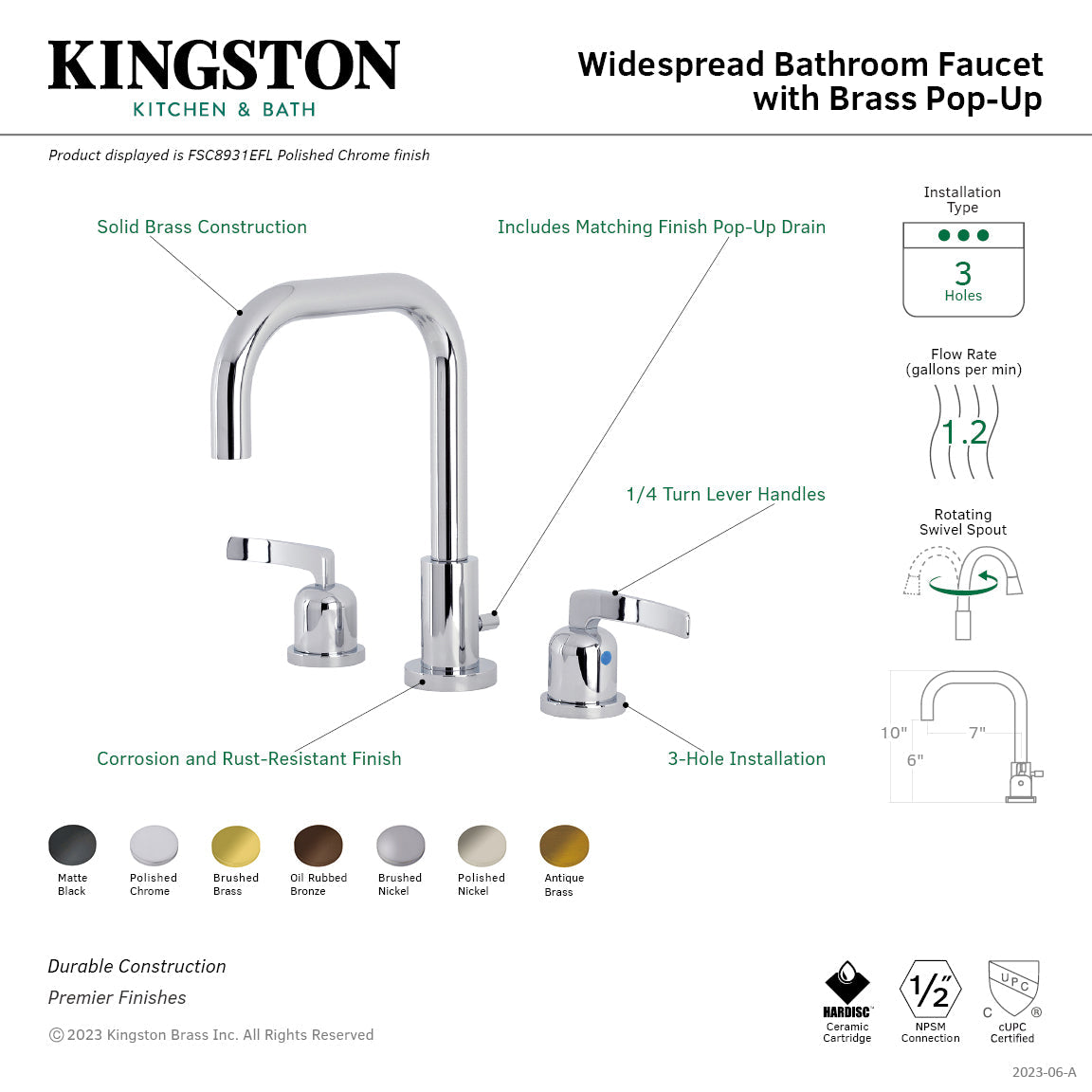 Centurion FSC8930EFL Two-Handle 3-Hole Deck Mount Widespread Bathroom Faucet with Pop-Up Drain, Matte Black