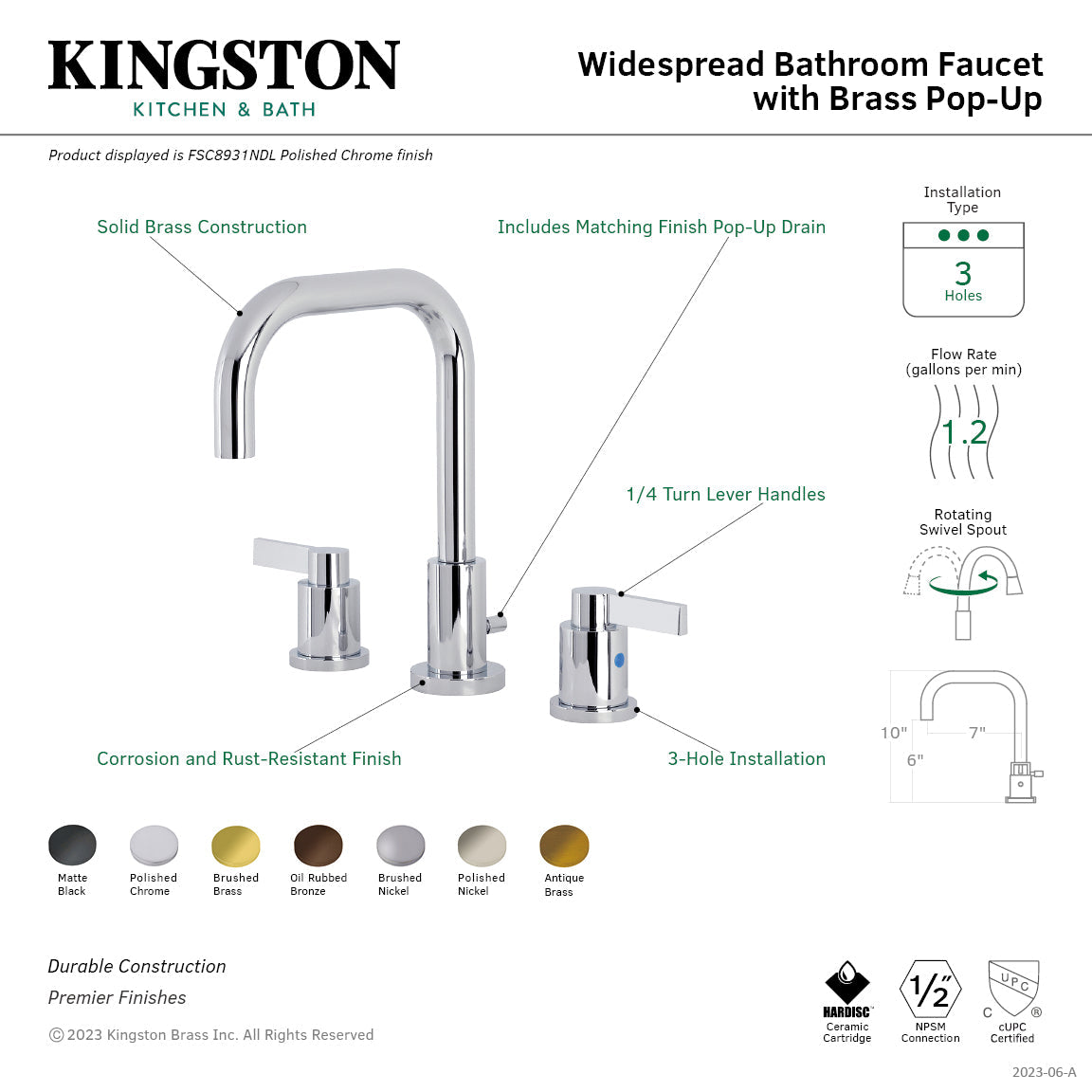 NuvoFusion FSC8931NDL Two-Handle 3-Hole Deck Mount Widespread Bathroom Faucet with Pop-Up Drain, Polished Chrome