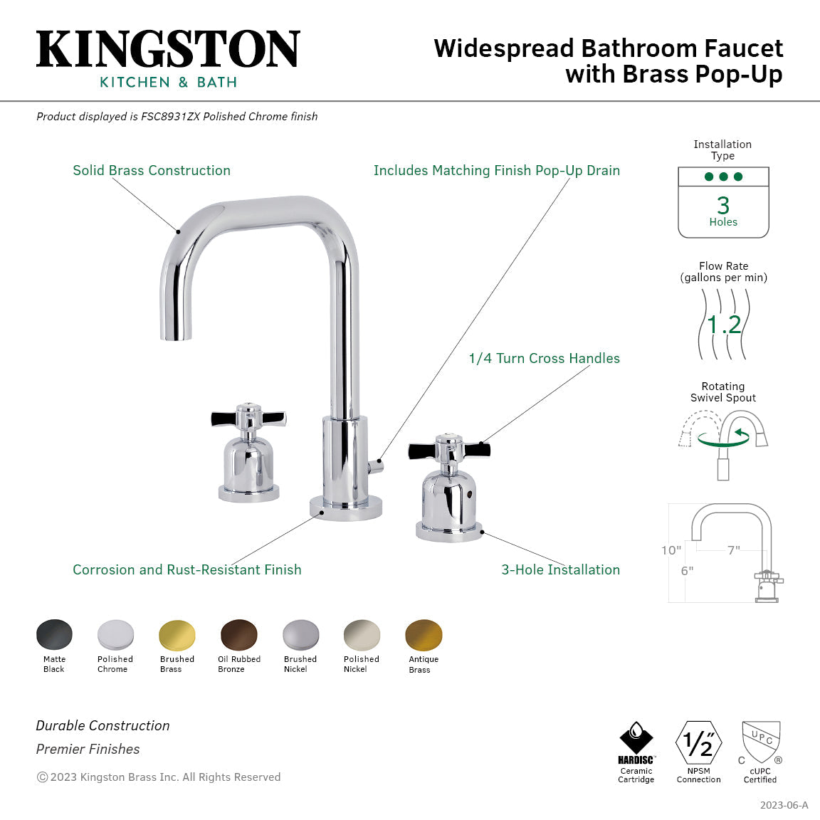 Millennium FSC8931ZX Two-Handle 3-Hole Deck Mount Widespread Bathroom Faucet with Pop-Up Drain, Polished Chrome