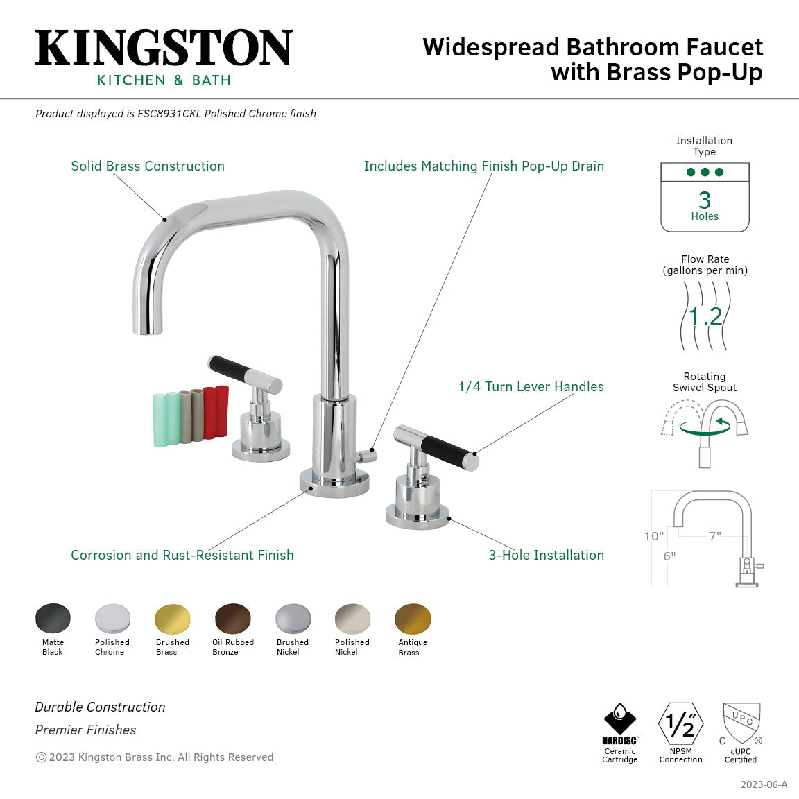 Kaiser FSC8933CKL Two-Handle 3-Hole Deck Mount Widespread Bathroom Faucet with Pop-Up Drain, Brushed Brass