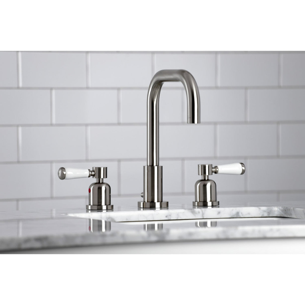 Paris FSC8938DPL Two-Handle 3-Hole Deck Mount Widespread Bathroom Faucet with Pop-Up Drain, Brushed Nickel