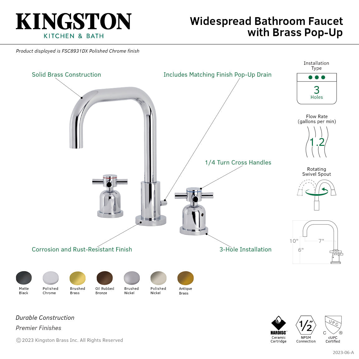 Concord FSC8938DX Two-Handle 3-Hole Deck Mount Widespread Bathroom Faucet with Pop-Up Drain, Brushed Nickel