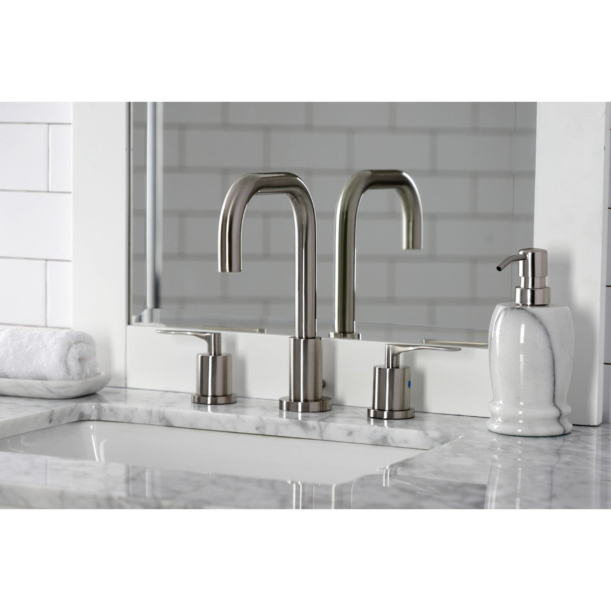 Serena FSC8938SVL Two-Handle 3-Hole Deck Mount Widespread Bathroom Faucet with Pop-Up Drain, Brushed Nickel