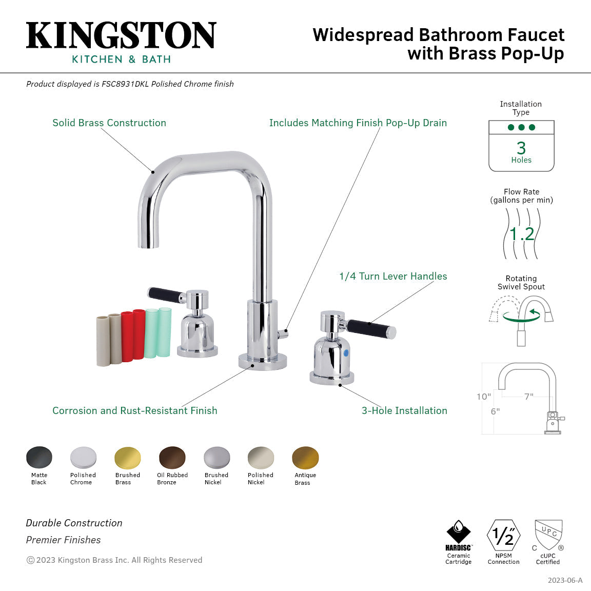 Kaiser FSC8939DKL Two-Handle 3-Hole Deck Mount Widespread Bathroom Faucet with Pop-Up Drain, Polished Nickel