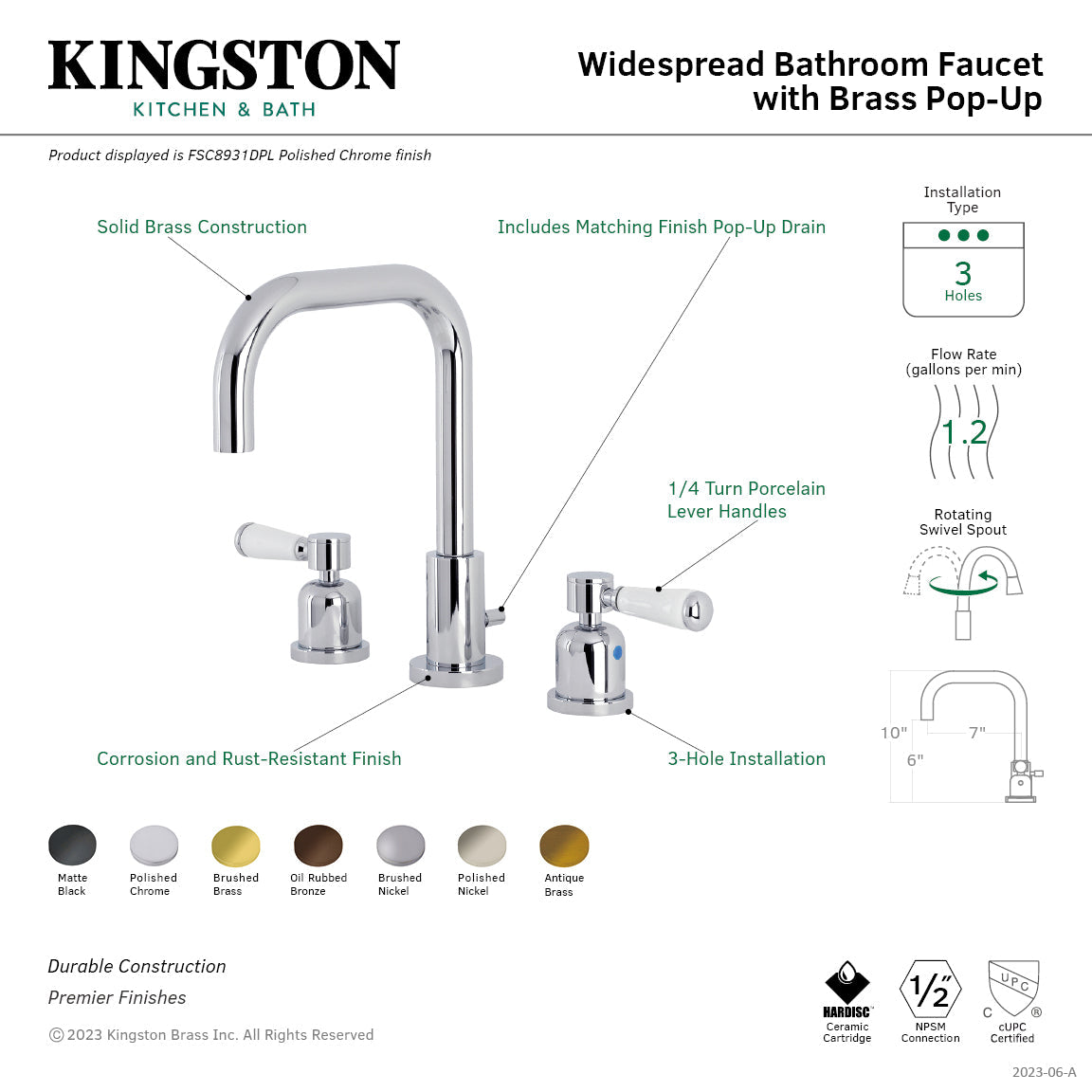 Paris FSC8939DPL Two-Handle 3-Hole Deck Mount Widespread Bathroom Faucet with Pop-Up Drain, Polished Nickel