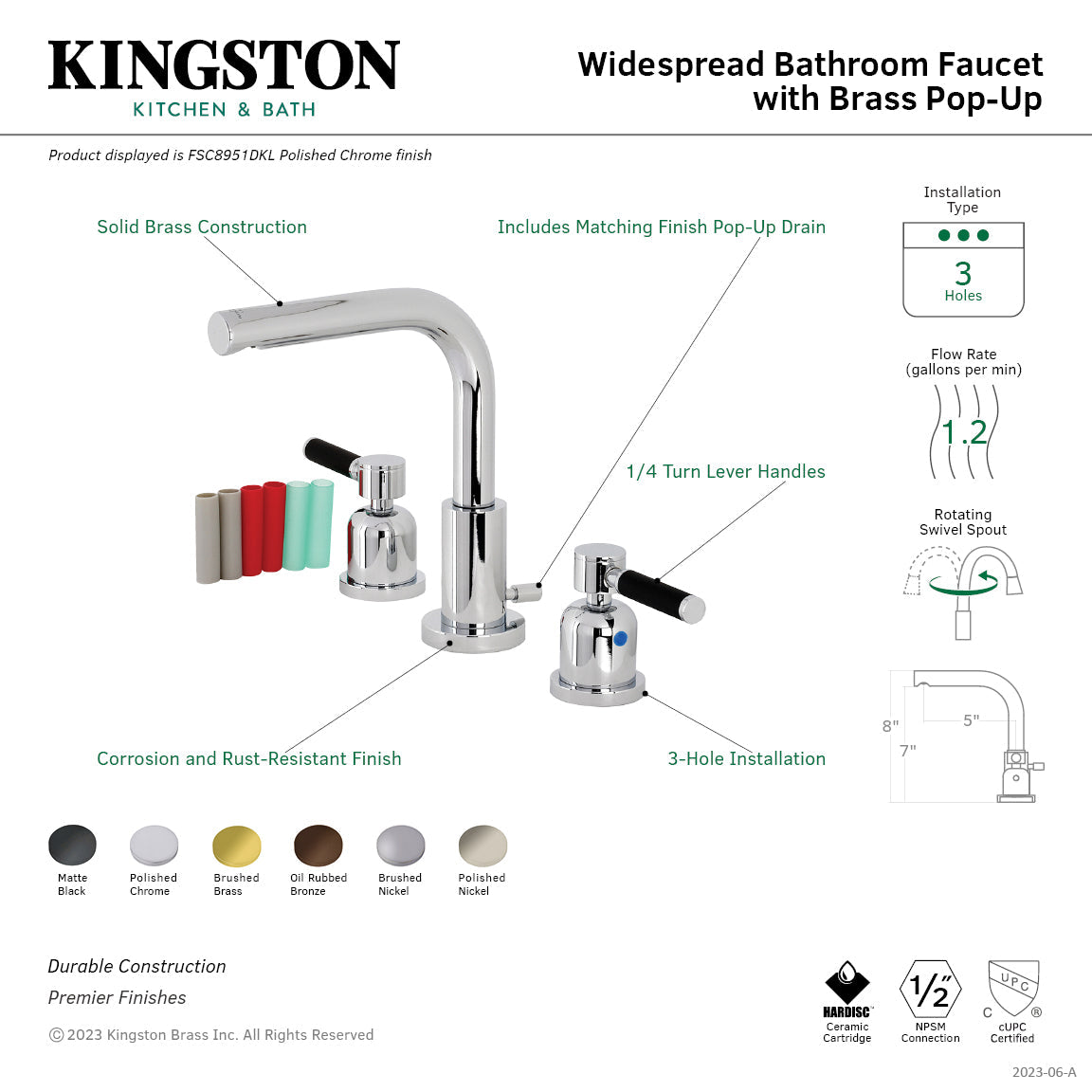 Kaiser FSC8950DKL Two-Handle 3-Hole Deck Mount Widespread Bathroom Faucet with Pop-Up Drain, Matte Black