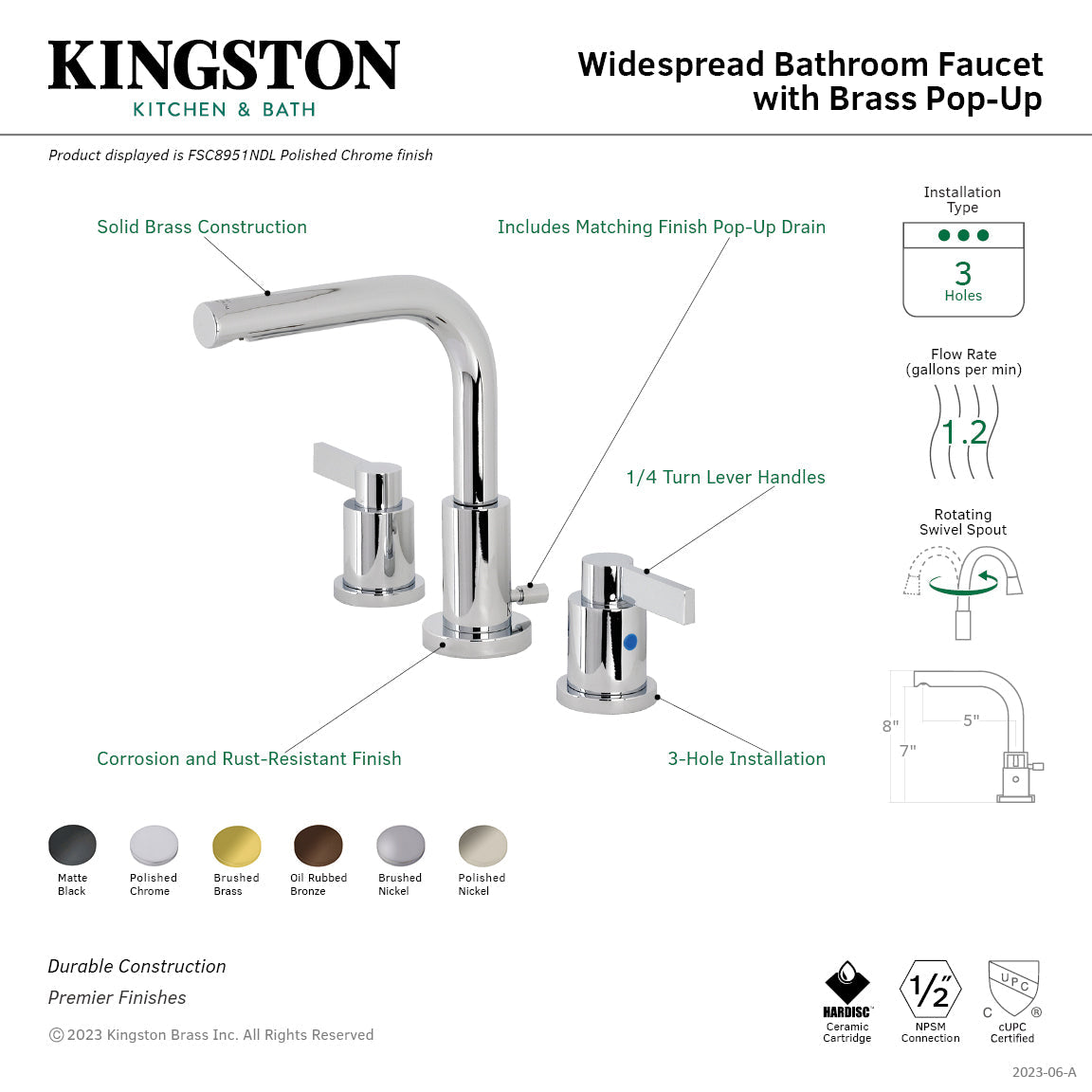 NuvoFusion FSC8951NDL Two-Handle 3-Hole Deck Mount Widespread Bathroom Faucet with Pop-Up Drain, Polished Chrome