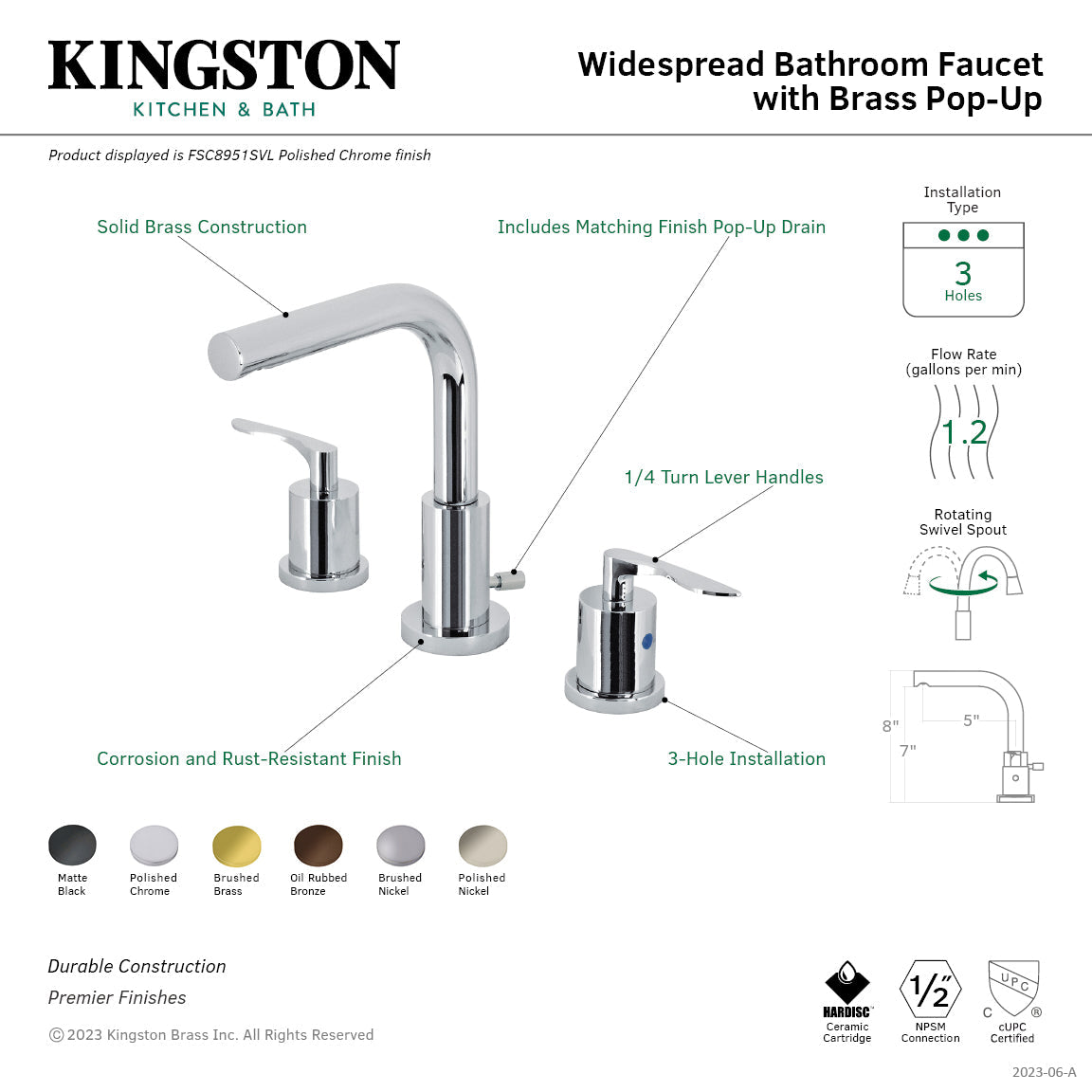 Serena FSC8951SVL Two-Handle 3-Hole Deck Mount Widespread Bathroom Faucet with Pop-Up Drain, Polished Chrome