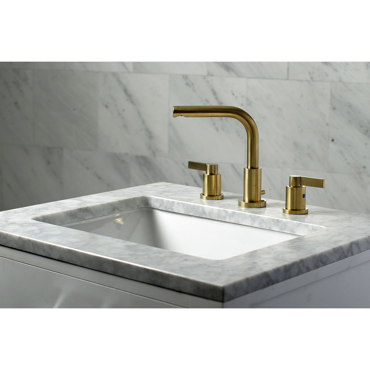 NuvoFusion FSC8953NDL Two-Handle 3-Hole Deck Mount Widespread Bathroom Faucet with Pop-Up Drain, Brushed Brass